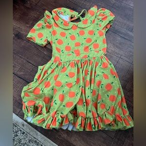 Little stockings/Girlhood green dress with orange apples twirl dress